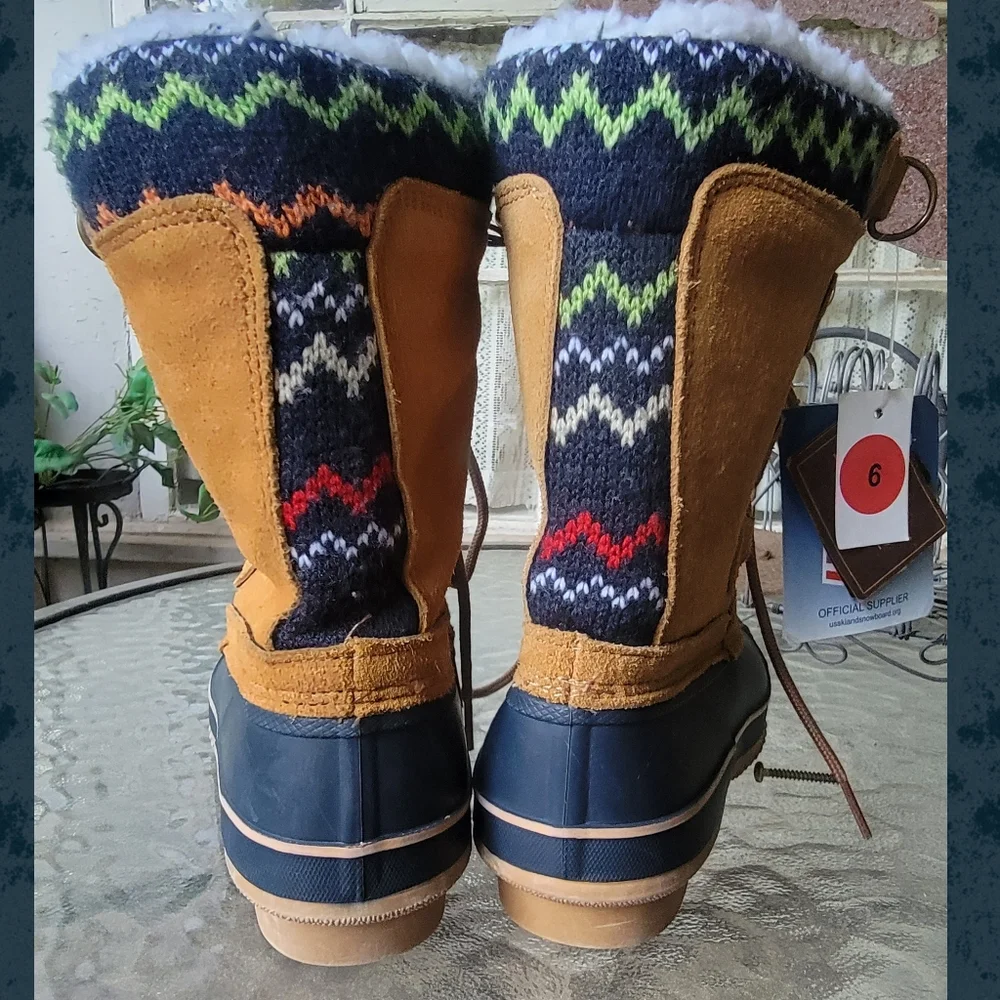 KHOMBU Vail fairisle trim Faux Fur Lined Snow Skiing Winter Duck Boots nwt 6